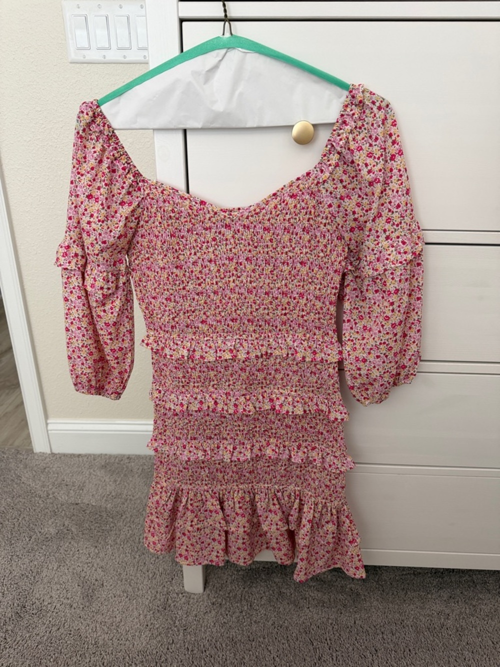 Storia Pink Floral Smocked Ruffle Casual Dress